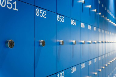 Numara kilitleri olan mavi dolaplar satırı