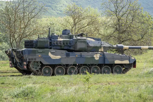 Modern Alman Leoparı 2A7 tankı kamuflajla boyanmış.