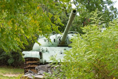 Sovyet yapımı eski yeşil tank yeşil çalıların kapağında