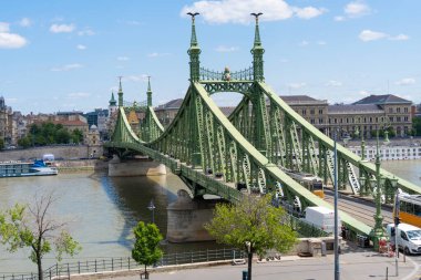 Özgürlük köprüsü ya da Tuna Nehri üzerindeki Özgürlük köprüsü. Arka planda Corvinus Üniversitesi var. Budapeşte, Macaristan