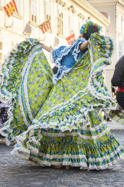 Geleneksel Meksikalı folklor dansçılarının renkli kıyafetleri