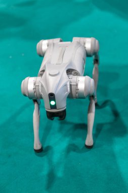 Gri askeri robot köpek yeşil arka planlı bir gösteride