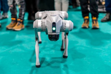 Gri askeri robot köpek yeşil arka planlı bir gösteride