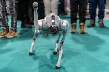 Gri askeri robot köpek yeşil arka planlı bir gösteride