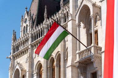 Macar parlamentosu Parlamentosu 'nun neo-gotik binası ulusal bayramda Macar bayrağıyla süslenmiştir.