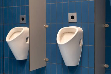 Mavi fayanslı umumi tuvaletteki pisuarlar.