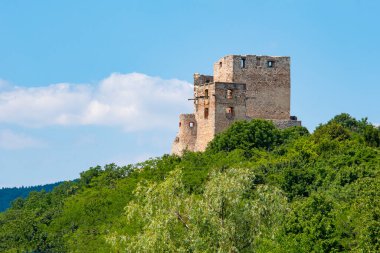 Yeşil bir tepenin üstündeki ortaçağ şatosunun kalıntıları.