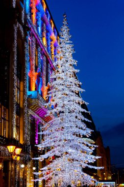 Beyaz cadde Noel ağacı ve sokak geceleri Noel ışıklarıyla kaplı.