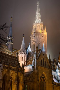 Gotik Matthias Kilisesi binası Budapeşte 'de gece aydınlandı.
