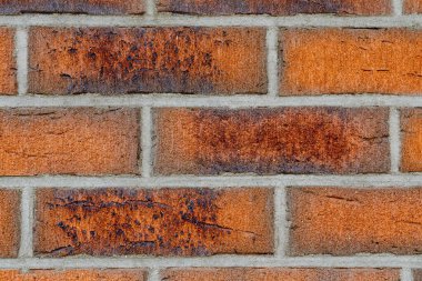 Görünür lekeleri, pürüzlü dokusu ve gri havan hatları olan yıpranmış tuğla bir duvarın yakın plan fotoğrafı..