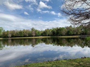Arka planda yemyeşil bir ormanın olduğu sakin bir göl manzarası, parçalı bulutlu gökyüzünün altındaki durgun suya yansıyor, doğada huzur ve sükuneti çağrıştırıyor..