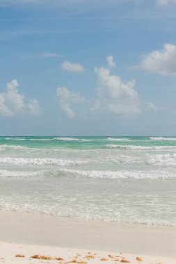 Tulum, Quintana Roo, Meksika 'da güneşli bir günde kumsal beyaz kumsala vuran yosun hariç bomboştur. Su, cam gibi berrak bir turkuazdır ve tüm sahne cennet gibi görünür..