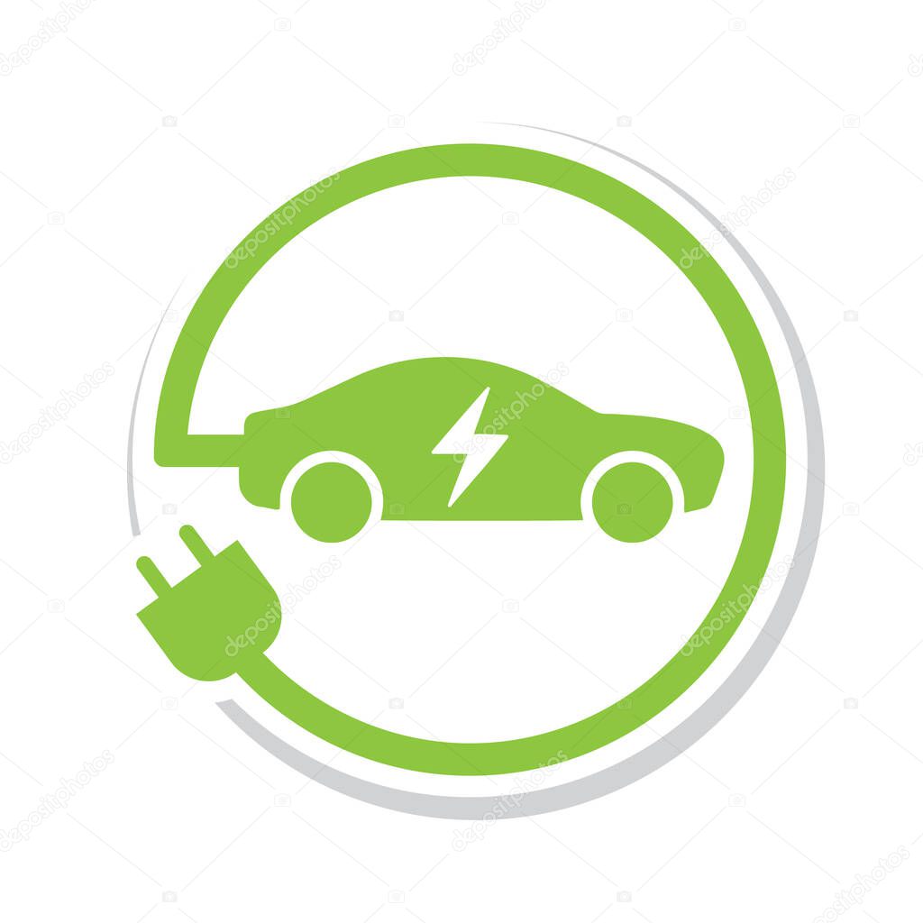 Electric car with plug green icon symbol.