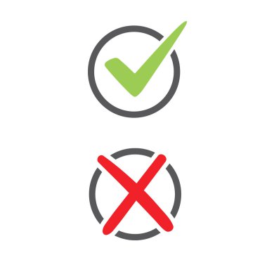 Yeşil kontrol ve kırmızı haç sembolleri, kare vektör işaretleri. Mobil konsept ve web uygulamaları için web simgesi ögesi.