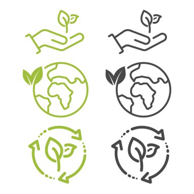 Geri dönüşüm, yeniden kullanım, sembol, harf ve Dünya işareti, vektör, simge.