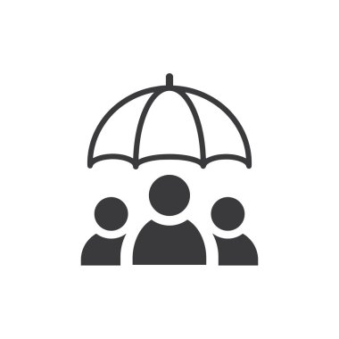Şemsiye altındaki insanlar. Koruma, güvenlik, sigorta sembolü.