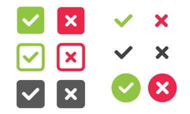 Kontrol ve yanlış simgeler kümesi işaretleri. Yeşil kene, kırmızı haç, siyah kene ve haç. Evet ya da hayır - Vektör