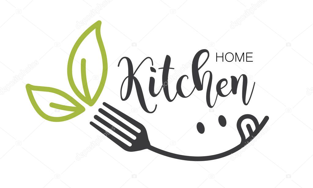 Home kitchen logo with smile, eyes, fork and two green leaves.