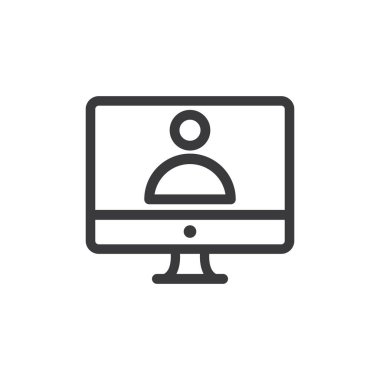 Sosyal yayın kanalı, beyaz bir arkaplanda video görüşmesi ya da çevrimiçi konferans görüşmesi yapan bir kişinin sembolü..