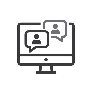 İki diyalog baloncuklu bilgisayar, webinar konsepti, çevrimiçi kurs, uzak eğitim, grup toplantısı, evden çalışma.