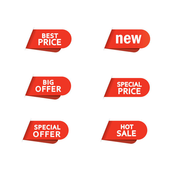Six labels with the inscription: Best price, hot sale, special price, big offers, new.