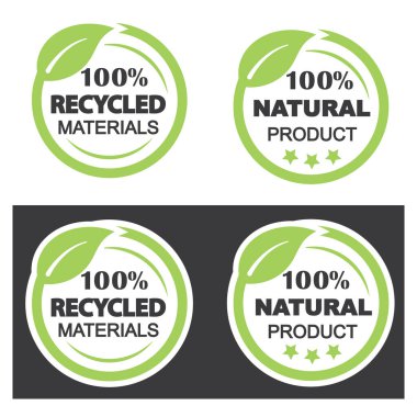 Etiketler:% 100 geri dönüştürülmüş materyal, doğal ürün - simge, vektör.