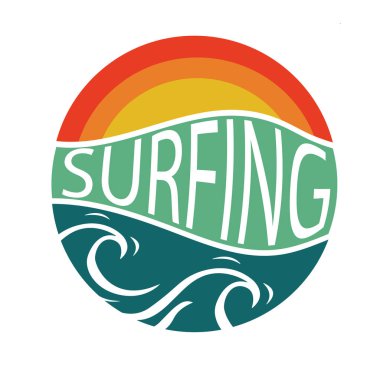 Çizgi stili vektör sörf rozeti. Tişört baskıları, posterler ve diğer şeyler için.