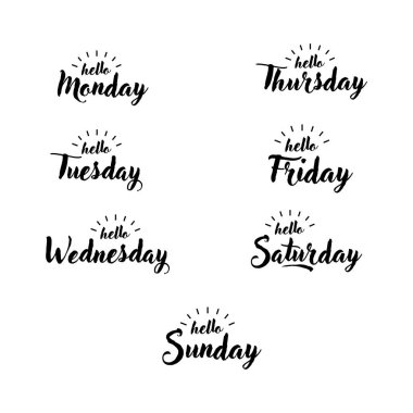 Harf ve tipografik tasarım. Merhaba Pazartesi, Salı, Çarşamba, Perşembe, Cuma, Cumartesi, Pazar.