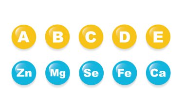 B1, B, C, A, D, E, Ca, Zn, Mg, Se, Fe, Ca, vektör. Çoklu Vitamin seti, karmaşık simgeler.