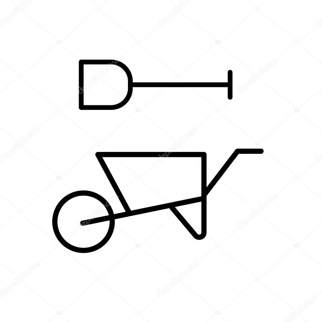 Garden wheelbarrow and shovel icon. Black contour linear silhouette.