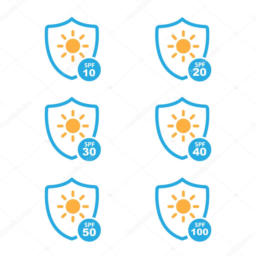 Set of simple flat SPF sun protection icons for sunscreen packaging.