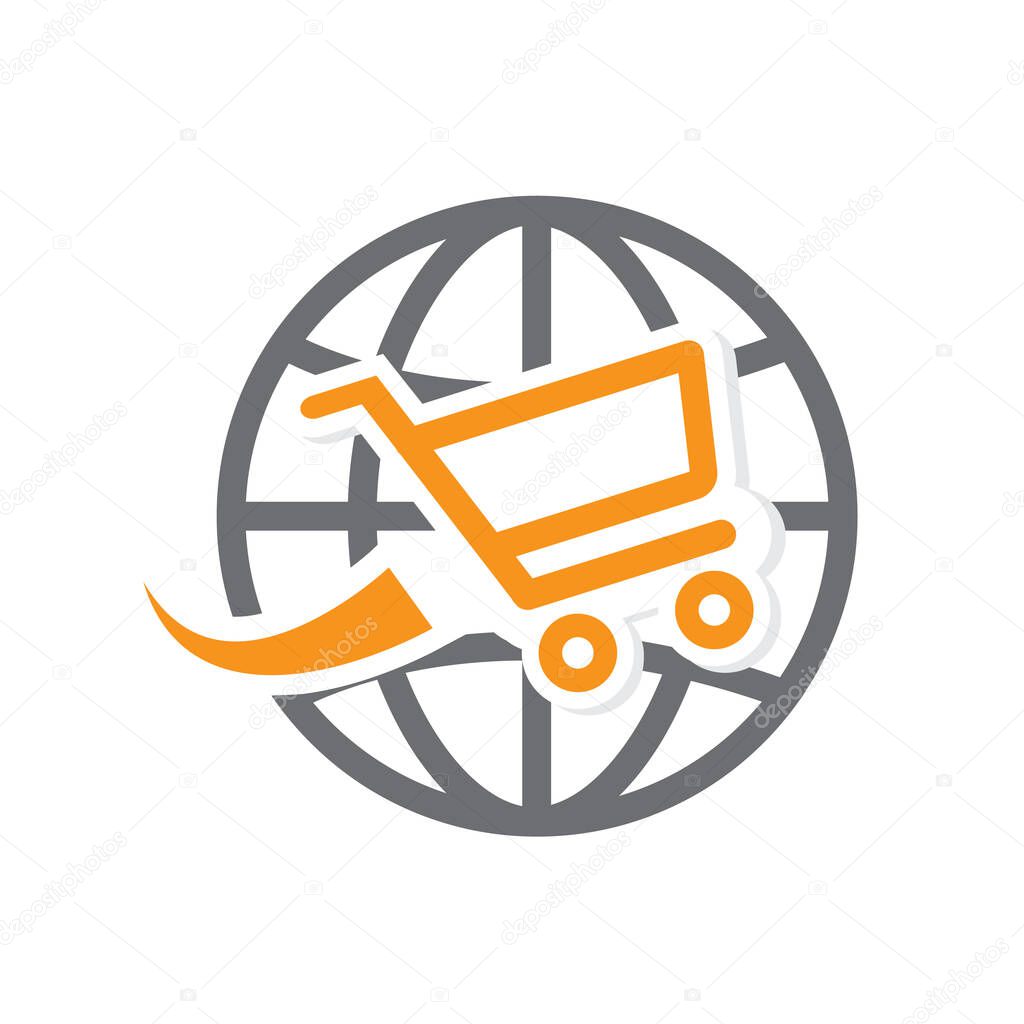 Shopping cart around the world. World market, icon, vector.