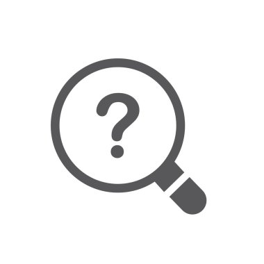 Soru işareti olan büyüteç, vektör simgesi. Tek renkli siyah beyaz sembol.