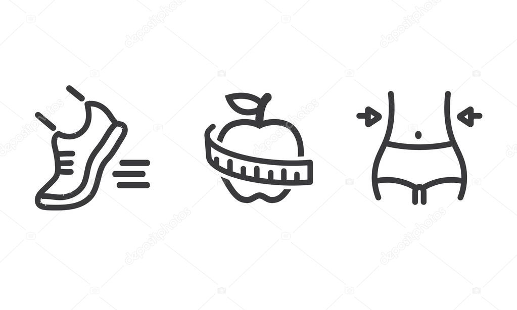 Symbols for sports, diet, weight loss - sports shoes, apple and women's waist.