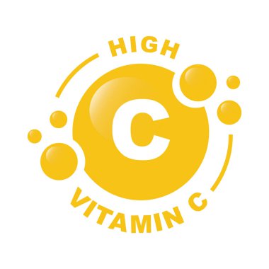 Yüksek C vitamini içeriği, yazıtlı atom yapısı - vektör, simge.