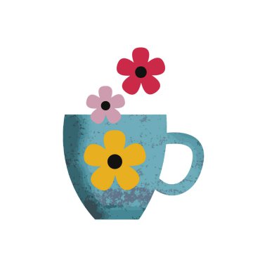 Bir tutacağı ve bir sürü çiçeği olan mavi bir fincan..