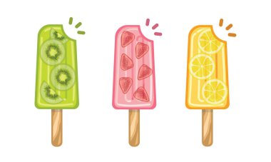 Kivili meyveli dondurma, çilek ve limon, vektör, etiket.