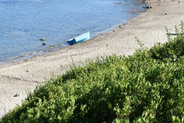 Denize yakın kumda mavi bir balıkçı teknesi. Spiaggia di Settefrati: Cefalu yakınlarında bir plaj. Yaz ve tatiller. İtalya 'da yaz plajı. Sicilya 'da tatiller. İtalya 'ya seyahat. 