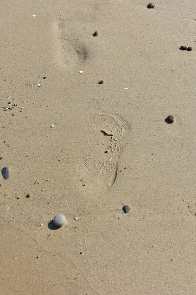 İnce kumsalda çıplak ayak izleri var. Dalgaların yumuşadığı sahilde. İnsan ayağının izleri. Seyahat ve tatil kavramı. Sicilya, İtalya 'da Cefalu yakınlarında bir plaj. İtalya 'ya git. Rahatla..