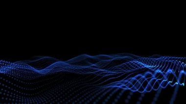Soyut mavi dalga parçacık noktaları koyu arkaplan teknolojisi kavramında akıyor