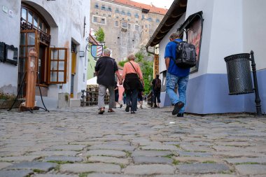 Bir grup turist tarihi bir şatonun yakınındaki kaldırım taşı bir sokakta yürüyor. Düşük bir açıdan çekilen, caddenin dokusunu ve insanların hareketlerini vurgulayan.
