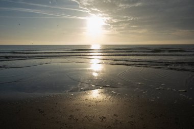 Okyanusun üzerinde altın gün doğumu yumuşak dalgalar kumlu kıyıya ulaşıyor. Güneş ışığı ıslak kuma yansıyarak, huzurlu bir deniz manzarası yaratır..