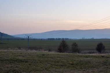 Elektrik hatları boş yeşil tarlalar ve tepeler boyunca uzanır alacakaranlıkta yumuşak sis ve solgun ışıkla