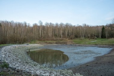 Çamurlu zemini, kayalık seti ve arka planda huş ağaçları olan boş bir gölet..