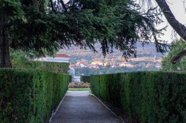 Renkli köy ve arka planda tepeler ile çiçek tarhına giden budanmış yeşil çitler arasında düz bir yol..