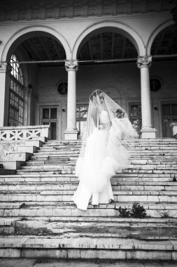 Bir buket çiçekle kaplanmış güzel bir gelin. Güzel bir kız, aydınlık bir binanın merdivenlerinde duruyor. Beyaz, uzun bir elbise içinde yan duruyor. siyah ve beyaz fotoğrafçılık