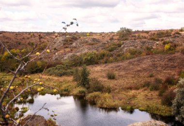 Fantastic autumn in a mountain canyon. Huge granite boulders. Aktovsky canyon in Ukraine with cliffs, picturesque forests and meadows, a large blue mountain lake below. Bright yellow and red trees. clipart