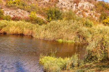 Bir dağ kanyonunda muhteşem bir sonbahar. Büyük granit kayalar. Ukrayna 'daki Aktovsky Kanyonu' nda uçurumlar var. Dağın dibinde üzerinde kamışların yetiştiği mavi bir göl var..