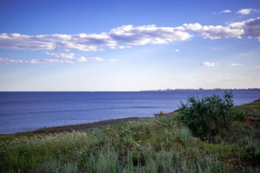 Çimenli tepe ve ufukta uzak şehir olan resimli deniz manzarası. Gökyüzü kalın bulutlarla dolu renkli. Çimler koyu yeşil, deniz sakin.