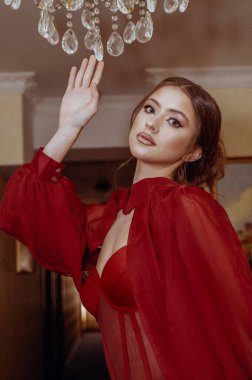 Kırmızı elbiseli, zarif genç bir bayan zarif kristal avizenin yanında duruyor. Yüksek saç stili olan güzel bir kız, otelde çekim yapıyor. Akşam makyajlı ve saç stili bir model, kameraya bakıyor.